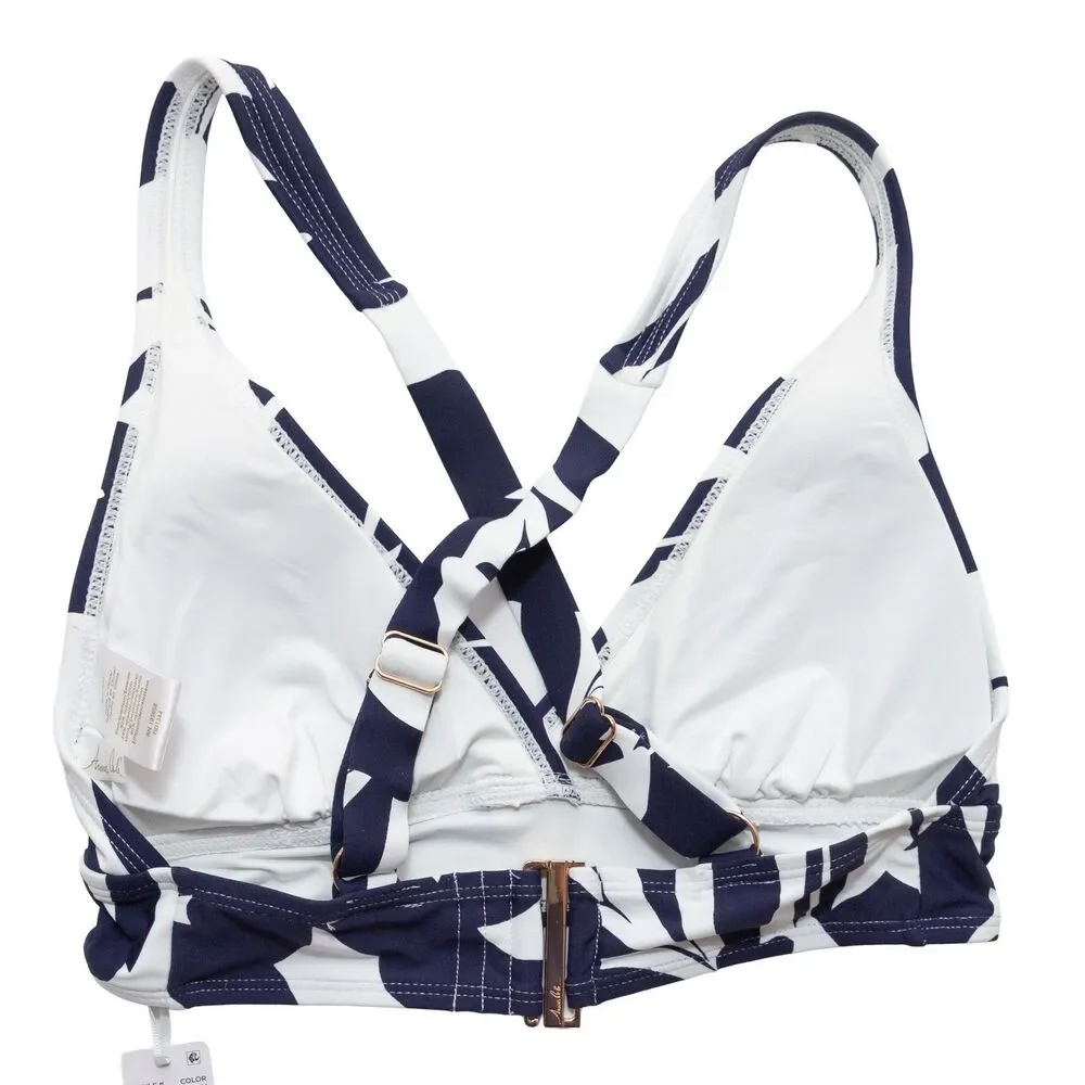Anne Cole Women Small lNavy White Abstract Floral‎ Print Cross-Back Bikini Top